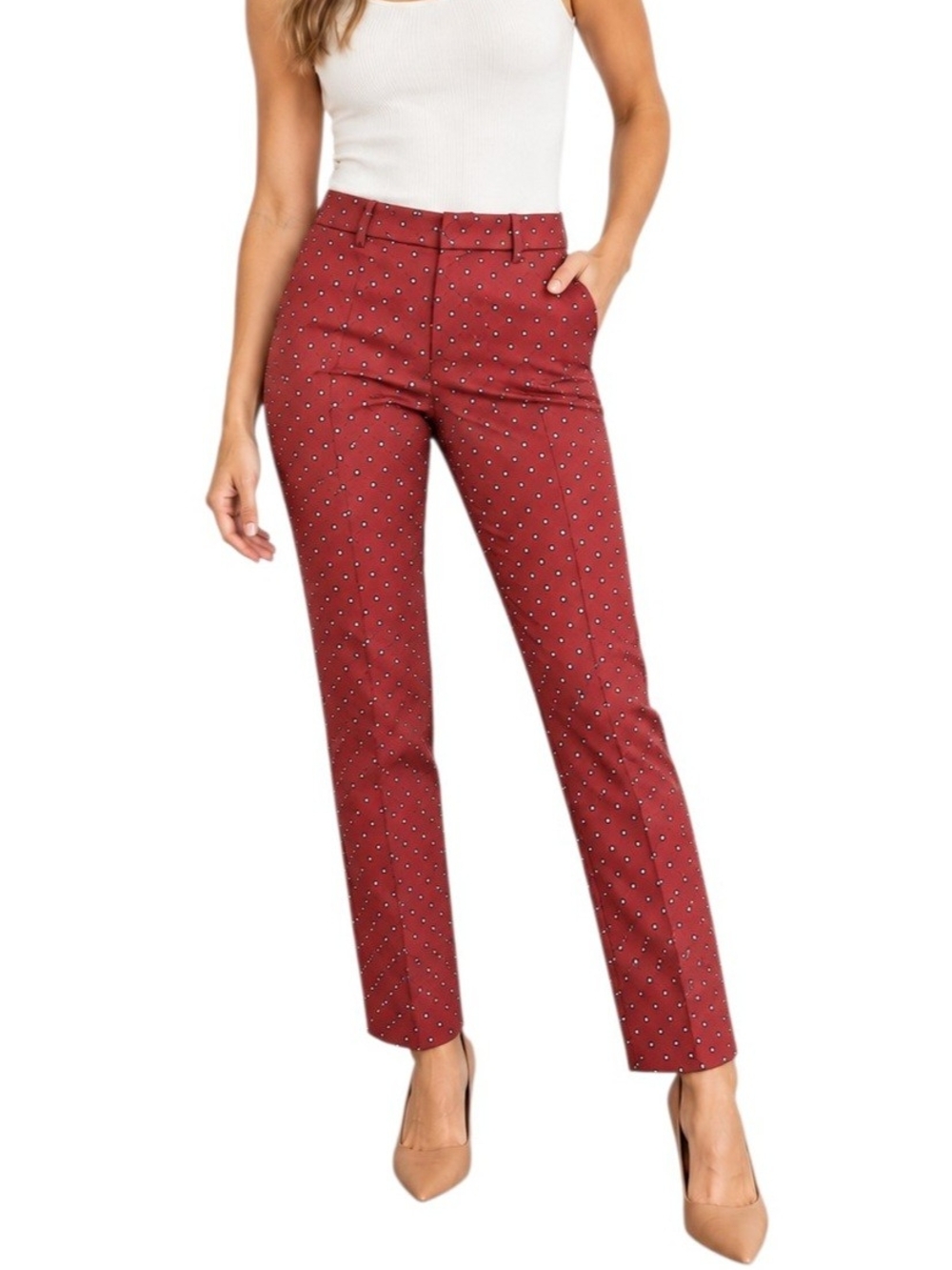 Express Columnist Pants Womens 4R Red Polka Dot Stretch Cotton Slim Ankle Career